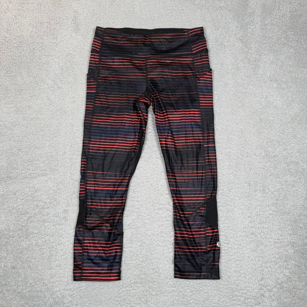 Lululemon Run Inspire Crop II Leggings Red Black Striped Mesh Pockets Size 6